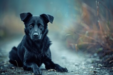 Solitary Black Dog Sitting in Forest Twilight - A Moment of Serenity - Generative AI