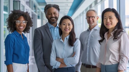 Advertising photo featuring a team of marketing experts, managers, directors, and regulators in a modern corporate office, smiling and standing facing the camera
