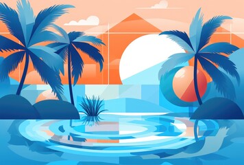 Fototapeta na wymiar Stylized Retro Beach Sunset with Palms and Serene Ocean View Generative AI