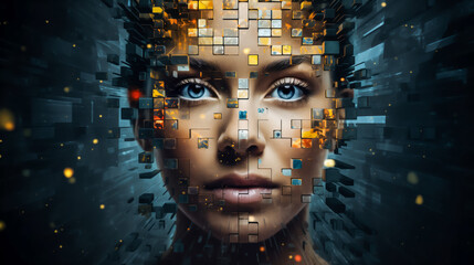 Digital woman portrait with disintegrating pixel effect