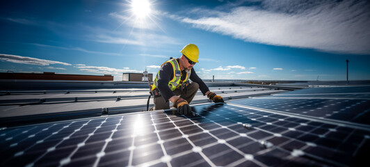 Fototapeta premium Solar panel technician with tools working on a bright day