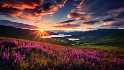 Fototapeta na wymiar Breathtaking Sunset Over Scottish Glens with Vibrant Skies - Nature's Majesty Generative AI