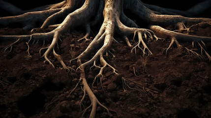 Close-up of tree roots in soil, underground texture