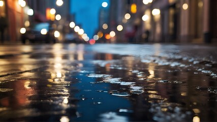 puddles on wet city streets after rain.