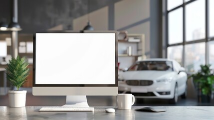 A monitor with a blank white screen on a table, set against the backdrop of a modern car showroom.
