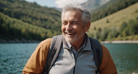 Fototapeta premium senior elder hiking on lake near mountains. health. healthy lifestyle. long live.