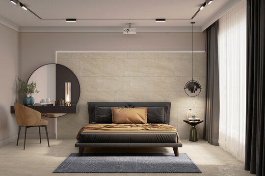 Bright bedroom interior, bed linens and pillows, front view, carpet and marble concrete floor near window with city view on Singapore. Cozy bedroom with large wardrobe, 3D Rendering
