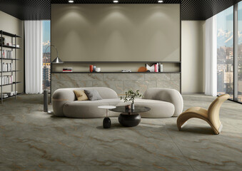 Luxury interior of Remote working and work from home as an office is a new business trend. Home office is a safe place to work, white chair, beige wall, plants on table. 3D Rendering