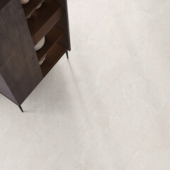 Beige marble floor, wooden rack. 3D Rendering