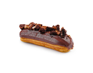 Eclair with Chocolate Cream and Hazelnuts on White