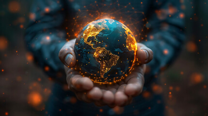 Hand holding hologram earth futuristic economy globe trade green eco design illustration AI Image Generative