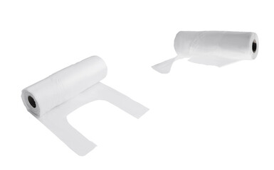 White polyethylene trash bag roll isolated on white background