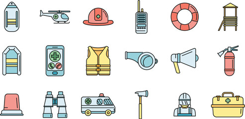 Rescuer icons set outline vector. Hurricane flood. People victim color line isolated