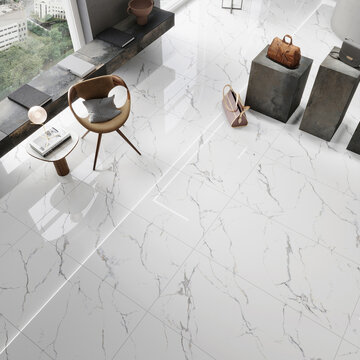 Luxury boutique interior with orange and grey walls, white marble floor. 3D Rendering