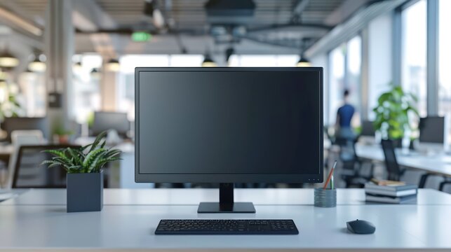 Screen monitor mockup with a modern office workspace background - Powered by Adobe