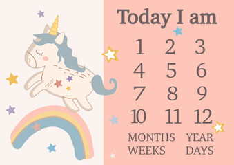 Baby milestone blanket. Baby first 12 months, weeks . Baby milestones card. Baby shower decoration. Vector illustration. Printable baby girl gift