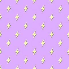 Retro vector seamless pattern with lightning. Flat design.  Yellow lightnings on pink background.