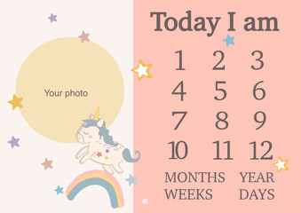 Baby milestone blanket with photo frame. Baby first 12 months, weeks . Baby milestones card. Baby shower decoration. Vector illustration. Printable baby girl gift