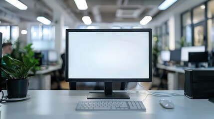 An empty white screen monitor mockup showcased against the backdrop of a modern office workspace.