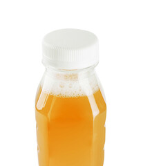 plastic bottle with apple juice on a white