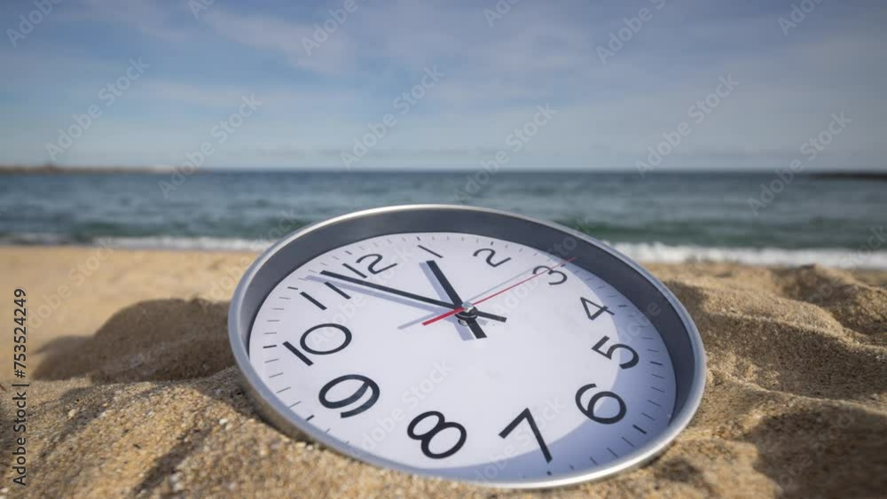 Poster clock with time passing during 1 hour on a beach