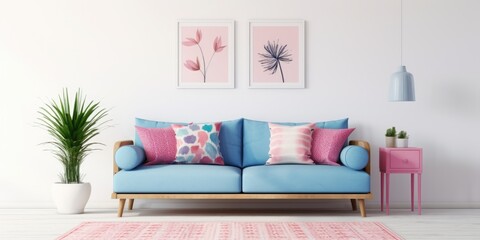 Pink and blue patterned carpet in living room with white wall and painting above sofa.
