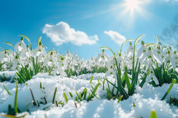 Snowy meadow of snowdrops on a sunny day. End of winter, meeting spring. - 753524247