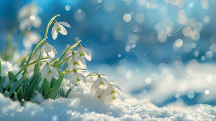 Snowy meadow of snowdrops on a sunny day. End of winter, meeting spring. - 753524253