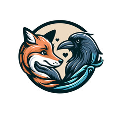 Obraz premium Friendship between fox and raven, vector illustration