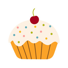 Cute boho cupcake with cherry in childish style. Sweet dessert for kids cards, baby shower, invitation, poster. Vector stock illustration