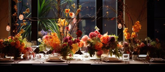 Exquisite floral arrangements for a special occasion at a dining establishment - obrazy, fototapety, plakaty