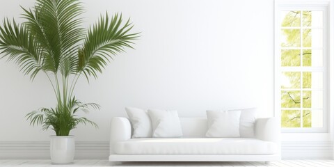 Fototapeta na wymiar White room with sofa, window, and green palm tree.