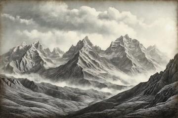 Drawing in the style of illustrations from old fantasy books depicting tall, beautiful, and dangerous mountains.