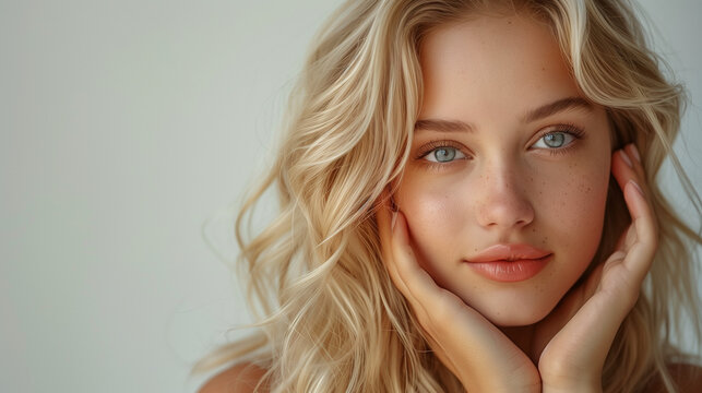 A blonde young woman with blue eyes touches her face, showcasing natural makeup on a studio background. Cosmetic concept. 