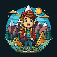 Boy with backpack and tent in the mountains vector illustration graphic design. t shirt design - obrazy, fototapety, plakaty