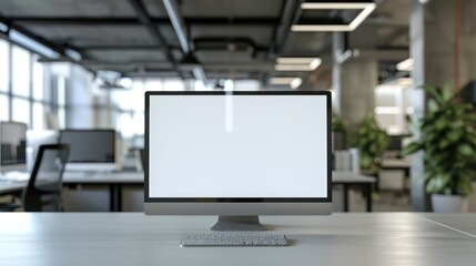 Blank white screen monitor mockup with a modern office workspace background