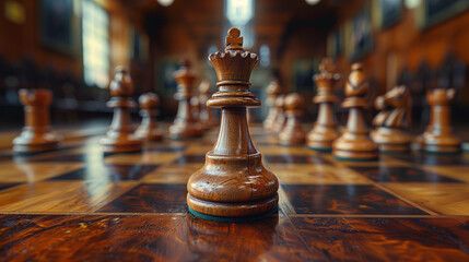 Close-up of a king chess piece on a wooden board, symbolizing strategy and leadership in business (AI-Generated)