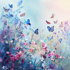 Background of colorful butterflies. spring garden floral beauty flowering plant blue. background summer flower field white color season banner. generative ai