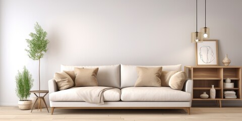 Beige sofa in chic studio apartment interior.