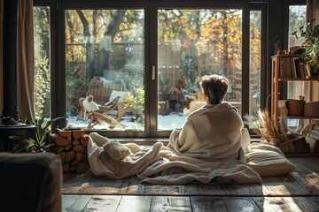 A cozy scene of an individual wrapped in a blanket, gazing out a window to a magical autumnal landscape, feeling the warmth of home