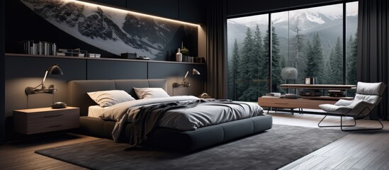 Modern bedroom interior with dark walls and contrasting furniture