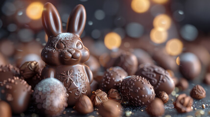 Delicious chocolate easter eggs ,bunny and sweets on dark blue background.