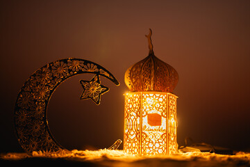 Ramadan lantern and crescent moon on the nature, 2024 ramadan background, 