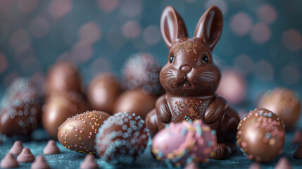 Delicious chocolate easter eggs ,bunny and sweets on dark blue background.