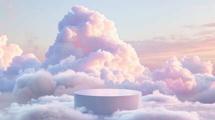 3D-rendered podium backdrop adorned with soft pastel clouds, subtle abstract designs, and a dreamy studio pedestal, offering a tranquil atmosphere for beauty settings.
