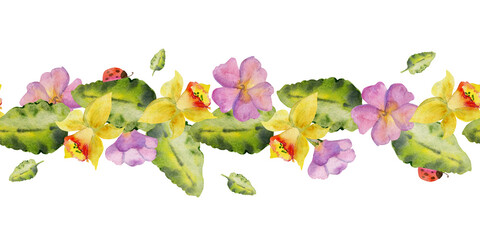Hand drawn watercolor illustration spring gardening flower bed primula leaves ladybug nature plant. Seamless banner isolated on white background. Design print, shop, scrapbooking, packaging, wallpaper