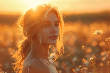 Serene young woman surrounded by flowers in a field bathed in the golden sunset light