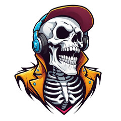 a skull wearing headphones and a jacket, vector art, digital art, character with a hat, on a transparent background, full color illustration, cartoon style illustration