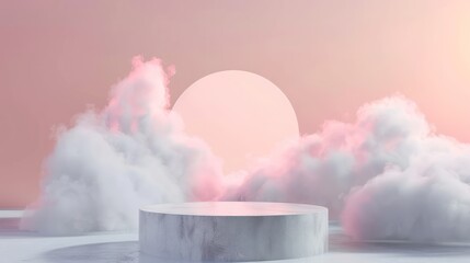 A 3D-rendered stage background incorporating soft pastel clouds, minimal abstract motifs, and an ethereal studio pedestal, crafting a serene ambiance suitable for beauty settings.