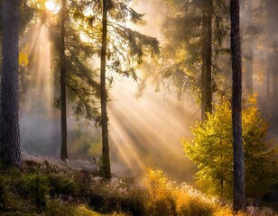 Mystical Forest with beaming light through the trees	
